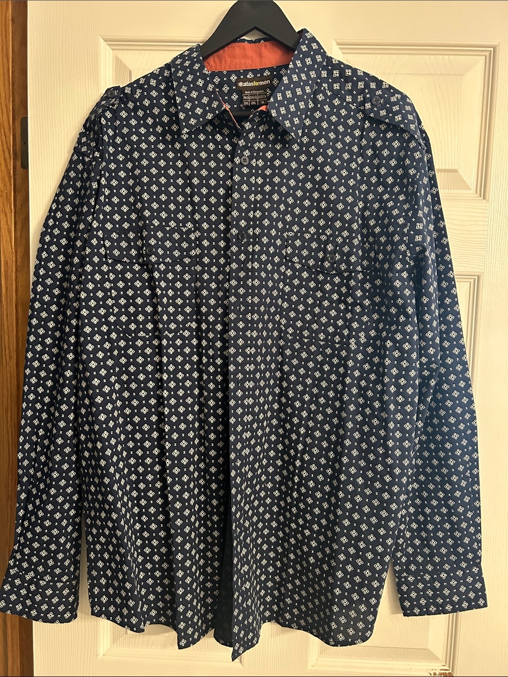 Atlas for men Navy Blue Button-Down with White Geometric Print